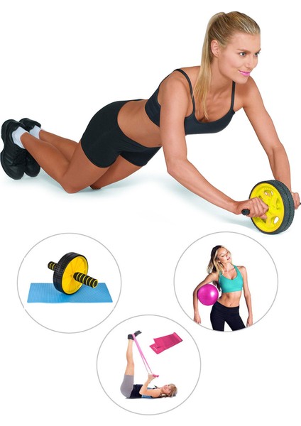 Ab-Wheel Karın Kası Egzersiz Tekeri + Denge Topu + Pilates Bandı - 3'lü Set