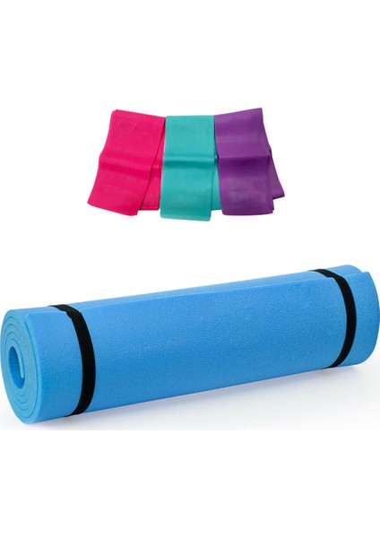 6,5 mm Mavi Pilates Minderi ve 3 Lü Pilates Band Seti
