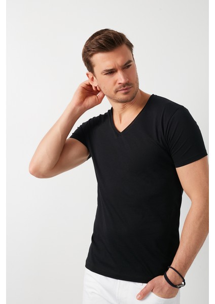 % 100 Pamuklu V Yaka Basic T Shirt Erkek T SHİRT 5412001