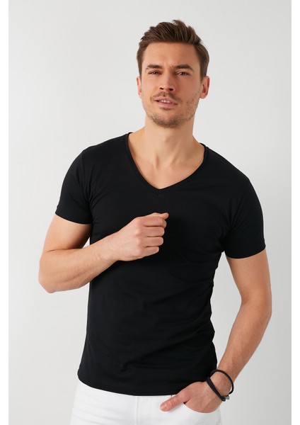 % 100 Pamuklu V Yaka Basic T Shirt Erkek T SHİRT 5412001