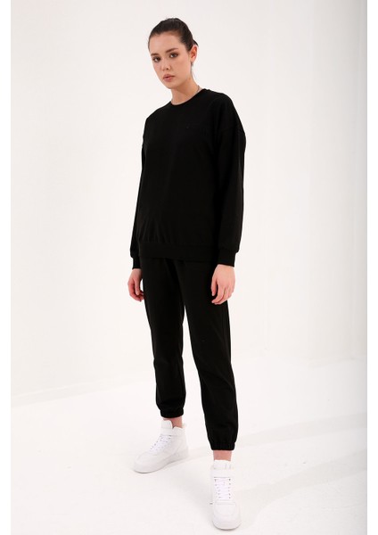 Siyah Basic Pamuklu O Yaka Oversize Lastik Paça Kadın Eşofman Takım - 95287