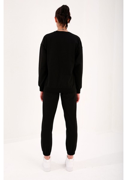Siyah Basic Pamuklu O Yaka Oversize Lastik Paça Kadın Eşofman Takım - 95287