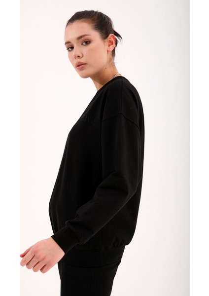 Siyah Basic Pamuklu O Yaka Oversize Lastik Paça Kadın Eşofman Takım - 95287