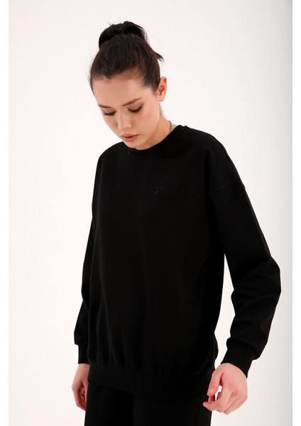 Siyah Basic Pamuklu O Yaka Oversize Lastik Paça Kadın Eşofman Takım - 95287