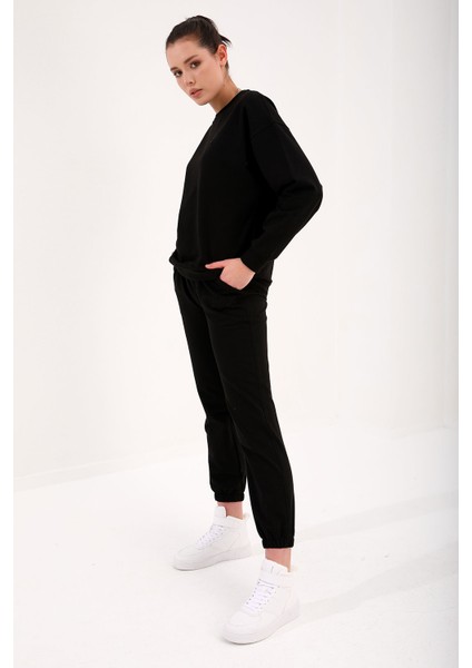 Siyah Basic Pamuklu O Yaka Oversize Lastik Paça Kadın Eşofman Takım - 95287