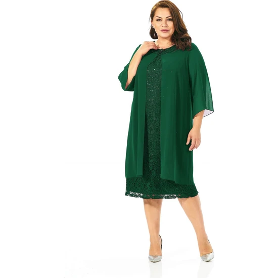 Lilas Xxl Büyük Beden Yeşil Renkli Dantelli Dantelli Şifon Ceketli Elbise