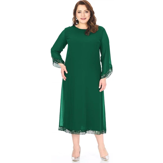 Lilas Xxl Büyük Beden Yeşil Renkli Kısa Şifon Elbise