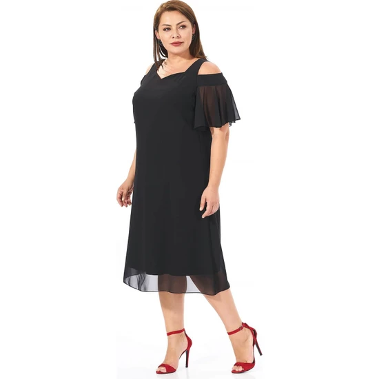 Lilas Xxl Büyük Beden Siyah Renkli Omuz Detaylı Şifon Elbise