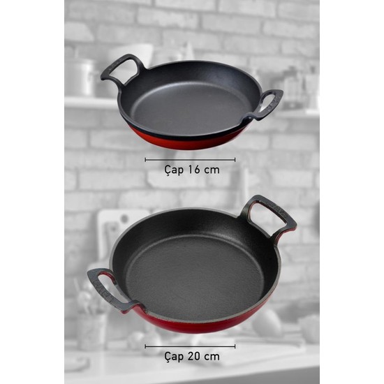 Lava Döküm Düz Tava Seti 16-20 cm – 3 Kat Emaye Kaplama, Çift Kulplu, Dayanıklı ve Isıyı Eşit Yayan Tasarım
