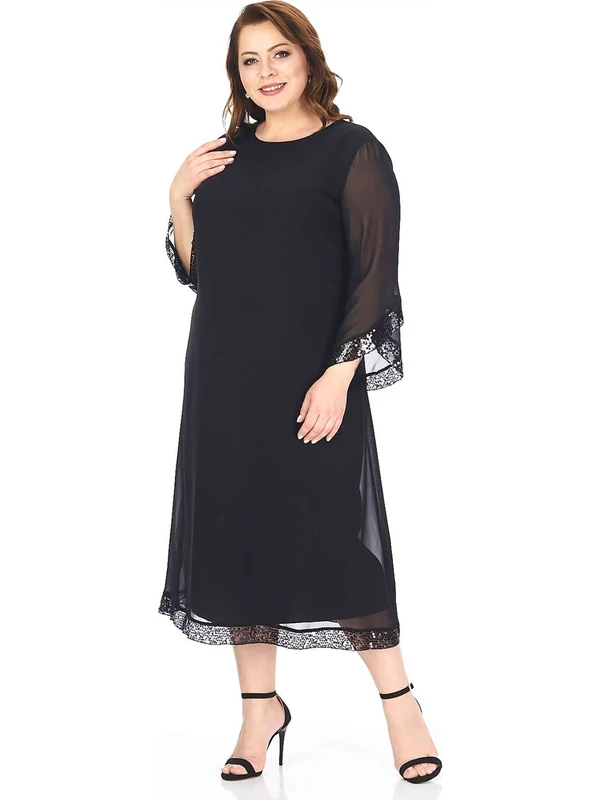 Lilas Xxl Büyük Beden Siyah Renkli Kısa Şifon Elbise