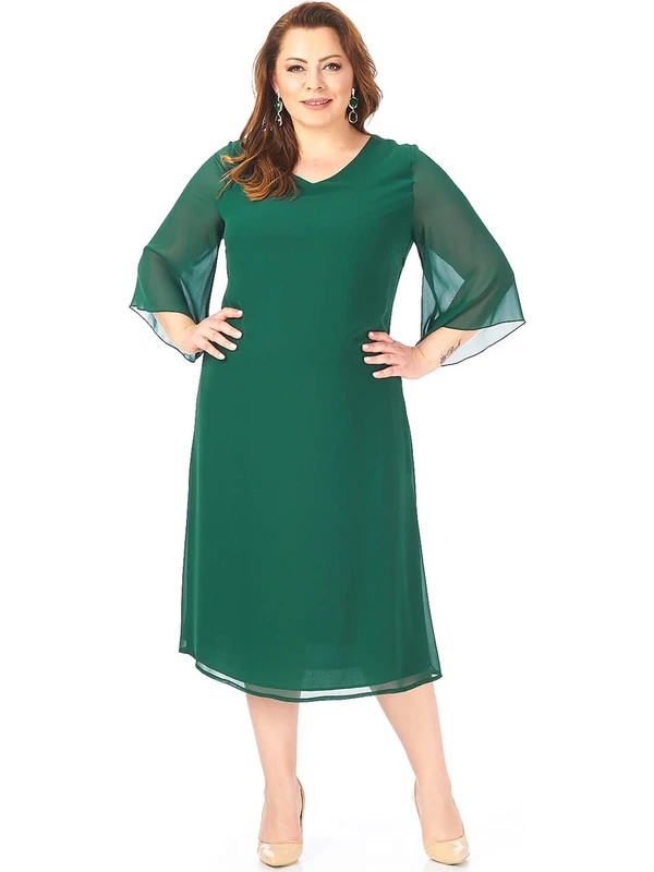 Lilas Xxl Büyük Beden Yeşil Renkli Şifon Elbise