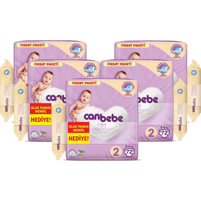 Canbebe Bebek Bezi Beden:2 (3-6kg) Mini 360 Adet Mega Fırsat Paket+Mendil