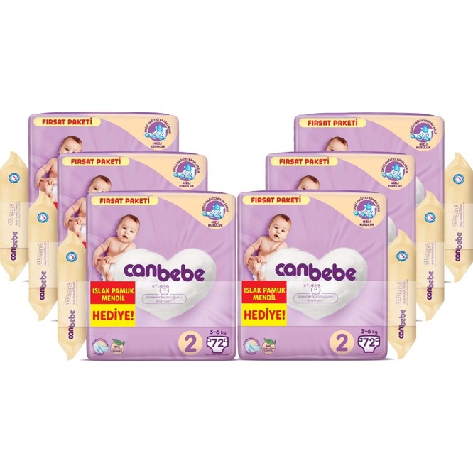 Canbebe Bebek Bezi Beden:2 (3-6kg) Mini 432 Li Ekstra Fırsat Paket+Mendil