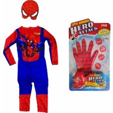 Masho Trend Kırmızı Mavi Baskılı Spiderman Kostümü - Örümcek Adam Kostümü + Spiderman Taso Atan Eldiven