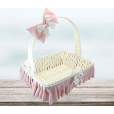 Süsle Bebek ve Parti Saplı Dikdörtgen Kumaş Süslü Sepet, 30 cm, Orta Boy Pembe