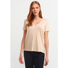 Dilvin 3470 V Yaka Basic T-Shirt-Bej
