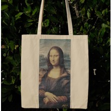 New Bazaar Kanvas Bez Çanta - Dokuma Kumaş Desenli - Iç Cepli ve Cırtlı - 36 x 40CM-LEONARDO Da Vinci-Mona Lisa