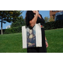 New Bazaar Kanvas Bez Çanta - Dokuma Kumaş Desenli - Iç Cepli ve Cırtlı - 36 x 40CM-LEONARDO Da Vinci-Mona Lisa
