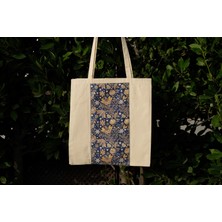 New Bazaar Kanvas Bez Çanta- Dokuma Kumaş Desenli- Iç Cepli ve Cırtlı- 36 x 40CM-LACIVERT Paisley Çiçek Desenli