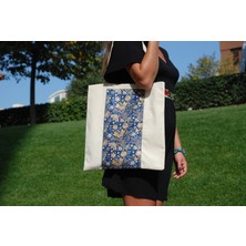 New Bazaar Kanvas Bez Çanta- Dokuma Kumaş Desenli- Iç Cepli ve Cırtlı- 36 x 40CM-LACIVERT Paisley Çiçek Desenli