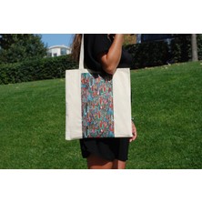 New Bazaar Kanvas Bez Çanta - Dokuma Kumaş Desenli - Iç Cepli ve Cırtlı - 36 x 40 cm - Renkli Damlayan Damlalar