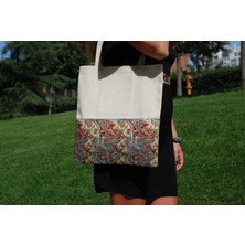 New Bazaar Kanvas Bez Çanta - Dokuma Kumaş Desenli - Iç Cepli ve Cırtlı - 36 x 40 cm - Pateh (Paisley) Desenli