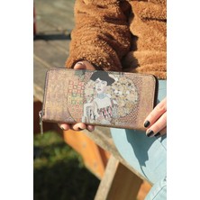 New Bazaar Kadın Cüzdan ve Kartlık - Metalik Sarı Renkli-Gustav Klimt Tablosu - Dokuma KUMAŞLI-9,75CM x 19,50CM