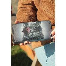New Bazaar Kadın Cüzdan ve Kartlık - Cool Kedi Desenli - Siyah - Dokuma Kumaşlı - 9+G33,75 cm x 19,50 cm