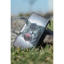 New Bazaar Kadın Cüzdan ve Kartlık - Cool Kedi Desenli - Siyah - Dokuma Kumaşlı - 9+G33,75 cm x 19,50 cm