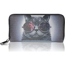 New Bazaar Kadın Cüzdan ve Kartlık - Cool Kedi Desenli - Siyah - Dokuma Kumaşlı - 9+G33,75 cm x 19,50 cm