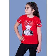 Toontoy Kids  Kız Çocuk Baskılı Taş Işlemeli Arkası Tül Detaylı Tişört