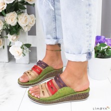 Hakiki Deri Joelle Yeşil Comfort Lazer Kesim Terlik