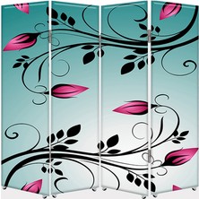 DEKOBUL Çiçek Desenli 4 Kanat Tekerlekli Kanvas Paravan