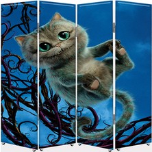 DEKOBUL Mutlu Kedi 4 Kanat Tekerlekli Kanvas Paravan