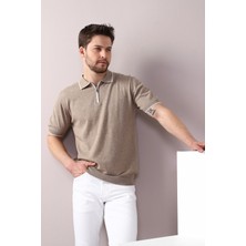 Ferraro Bej Yaka Şerit Fermuarlı Erkek Pamuk Triko T-Shirt