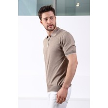 Ferraro Bej Yaka Şerit Fermuarlı Erkek Pamuk Triko T-Shirt