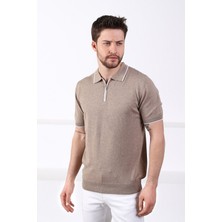 Ferraro Bej Yaka Şerit Fermuarlı Erkek Pamuk Triko T-Shirt