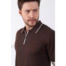 Ferraro Kahve Yaka Şerit Fermuarlı Erkek Pamuk Triko T-Shirt