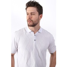 Ferraro Beyaz Polo Yaka Baklava Desen Erkek Pamuk Triko T-Shirt