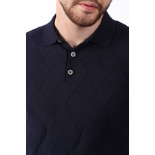 Ferraro Lacivert Polo Yaka Baklava Desen Erkek Pamuk Triko T-Shirt