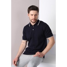 Ferraro Laci/beyaz Yaka Şerit Düğmeli Erkek Pamuk Triko T-Shirt