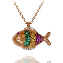 Renkli Taşlı Balık Gümüş Kolye