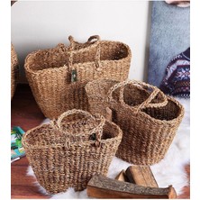 Evistro Dekoratif Kulplu Hasır Sepet Çanta 3 Lü