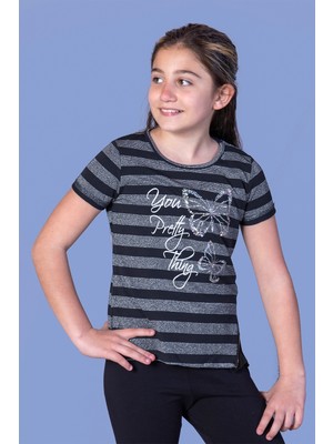 Toontoy Kız Çocuk Çizgili Kelebek Baskılı Tişört