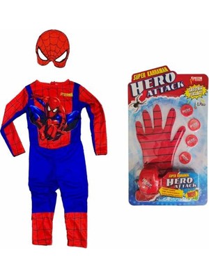 Masho Trend Kırmızı Mavi Baskılı Spiderman Kostümü - Örümcek Adam Kostümü + Spiderman Taso Atan Eldiven