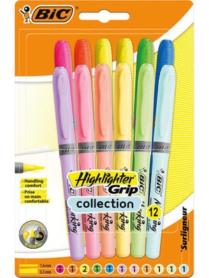 Bic Highlighter Grip 12 Renk Fosforlu Kalem Set Pastel + Canlı Renkler