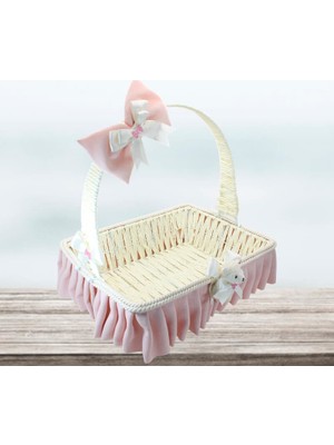 Süsle Bebek ve Parti Saplı Dikdörtgen Kumaş Süslü Sepet, 30 cm, Orta Boy Pembe