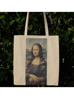 New Bazaar Kanvas Bez Çanta - Dokuma Kumaş Desenli - Iç Cepli ve Cırtlı - 36 x 40CM-LEONARDO Da Vinci-Mona Lisa