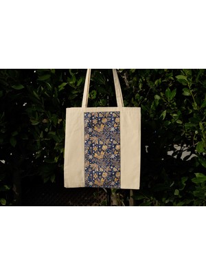 New Bazaar Kanvas Bez Çanta- Dokuma Kumaş Desenli- Iç Cepli ve Cırtlı- 36 x 40CM-LACIVERT Paisley Çiçek Desenli