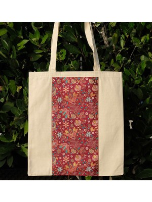 New Bazaar Kanvas Bez Çanta - Dokuma Kumaş Desenli - Iç Cepli ve Cırtlı - 36 x 40CM-BORDO Paisley Çiçek Desenli